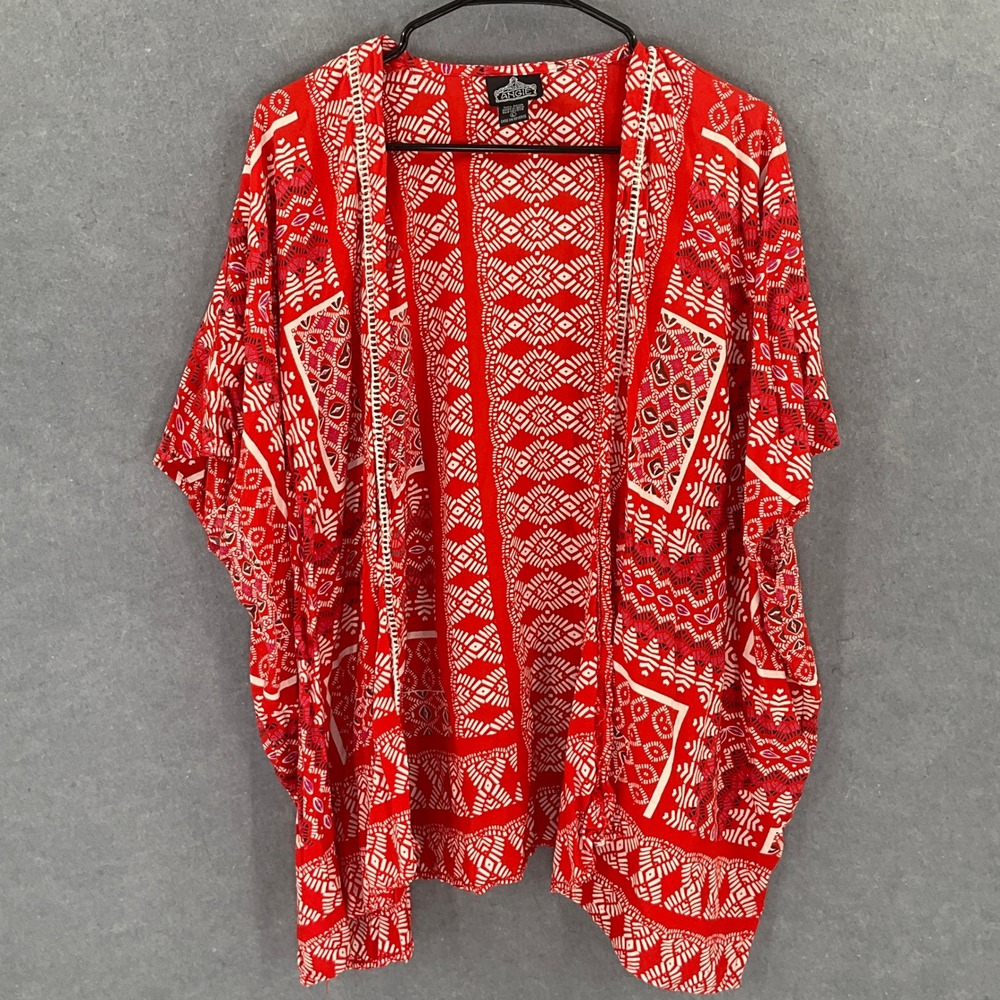 Angie Womens One Size Red White Print Open Front Kimono Coverup‎ Flowy Bohemian
